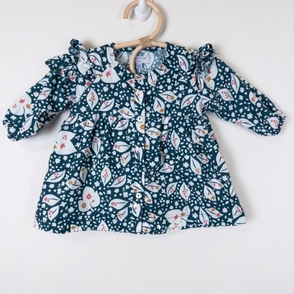 Maison Me Floral Long Sleeve Dress Teal Ruffle Shoulder Maisonette Baby 3-6m‎